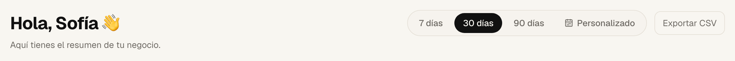 Botón Exportar CSV en el dashboard de GrowHub, junto al filtro de período