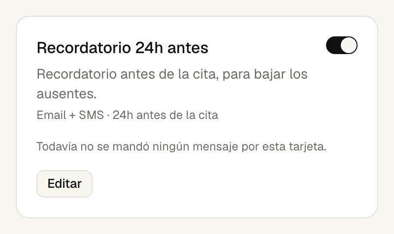 Tarjeta de automatización del recordatorio de 24 horas, mostrando envío por Email + SMS
